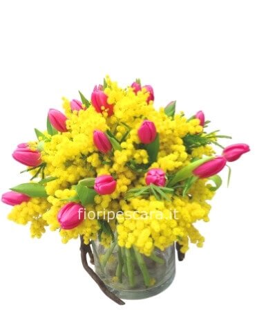 Bouquet di tulipani,secondo i colori a disposizione e mimosa  
